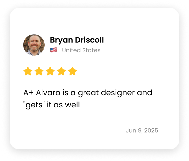 Five-star testimonial describing Alvaro as a designer who understands client needs.