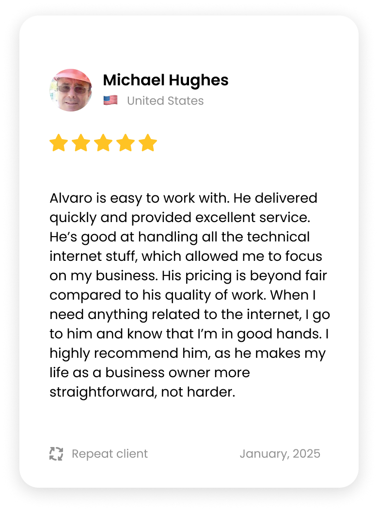 Detailed five-star testimonial highlighting Alvaro's technical expertise, fast delivery, and excellent service.
