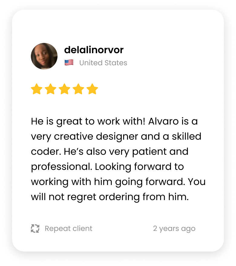 Five-star testimonial praising both Alvaro's design creativity and software development skills.