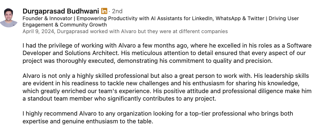 LinkedIn recommendation praising Alvaro's work as a Software Developer and Solutions Architect.